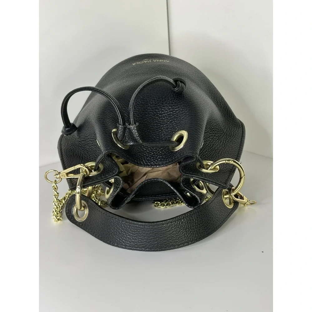 Anna Paola, Bucket Bag Black Pebbled Leather Drawstring Gold Chain Made In Italy